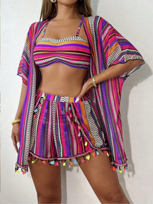 Conjunto Praia 4 Peças com Kimono – Estampa Geométrica Verão 2025