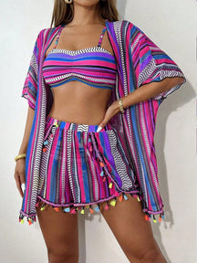 Conjunto Praia 4 Peças com Kimono – Estampa Geométrica Verão 2025