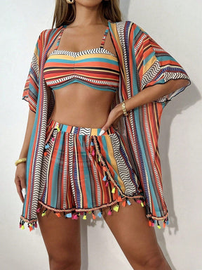 Conjunto Praia 4 Peças com Kimono – Estampa Geométrica Verão 2025